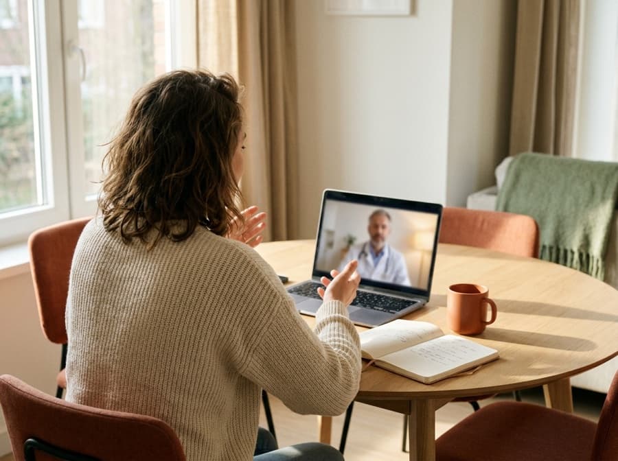 Fotografia de uma mulher à mesa de casa, em consulta por videochamada com um médico no portátil